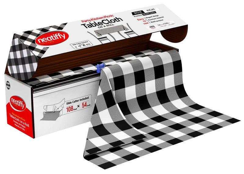 Neatiffy Disposable Plastic Table Cloth Roll | 54 in x 108 Ft Waterproof Tablecloth | Table Cover for Rectangle, Square, Round Oval Tables | Picnic, Party, Banquet, Birthdays, Weddings, BlackCheckered - Image 1